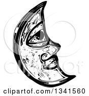 Poster, Art Print Of Black And White Woodcut Styled Crescent Moon Face