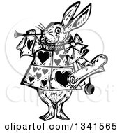 Clipart Of A Black And White Woodcut Styled Herald Rabbit Blowing A Trumpet Royalty Free Vector Illustration