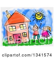 Poster, Art Print Of Doodle Of Happy Caucasian Children Playing In The Yard Of Their House On A Summer Day