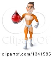 Clipart Of A 3d Young Brunette White Male Super Hero In An Orange Suit Holding A Blood Drop And Walking Royalty Free Illustration by Julos