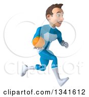 Clipart Of A 3d Young White Male Super Hero In A Light Blue Suit Holding A Navel Orange And Sprinting To The Right Royalty Free Illustration