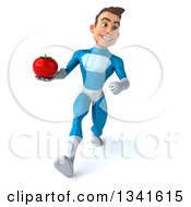 Clipart Of A 3d Young White Male Super Hero In A Light Blue Suit Holding A Tomato And Speed Walking Royalty Free Illustration