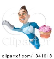 Clipart Of A 3d Young White Male Super Hero In A Light Blue Suit Holding A Pink Frosted Cupcake And Flying 2 Royalty Free Illustration