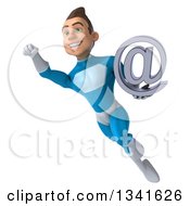 Clipart Of A 3d Young White Male Super Hero In A Light Blue Suit Holding An Email Arobase At Symbol And Flying Royalty Free Illustration
