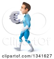 Clipart Of A 3d Young White Male Super Hero In A Light Blue Suit Holding A Euro Currency Symbol And Walking To The Left Royalty Free Illustration