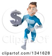 Clipart Of A 3d Young White Male Super Hero In A Light Blue Suit Holding A Dollar Currency Symbol And Sprinting Royalty Free Illustration