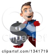 Clipart Of A 3d Excited Young Brunette White Male Super Hero In A Blue And Red Suit Holding A Dollar Currency Symbol Around A Sign Royalty Free Illustration