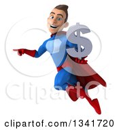 Clipart Of A 3d Young Brunette White Male Super Hero In A Blue And Red Suit Holding A Dollar Currency Symbol Pointing And Flying Royalty Free Illustration