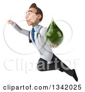 Clipart Of A 3d Young Brunette White Male Doctor Holding A Green Medicine Droplet And Flying Up To The Left Royalty Free Illustration
