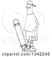 Lineart Clipart Of A Cartoon Black And White Man Standing With A Skateboard Royalty Free Outline Vector Illustration by djart