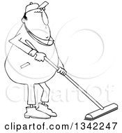 Poster, Art Print Of Cartoon Black And White Chubby Worker Man Using A Push Broom