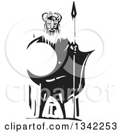 Black And White Woodcut Viking Warrior Standing With A Sword And Shield