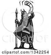 Black And White Woodcut Viking Warrior Standing With A Shield And Blowing A War Horn