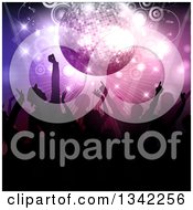 Poster, Art Print Of Crowd Of Silhouetted Dancers Under A Pink And Purple Disco Ball Circles And Lights