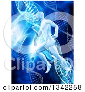 Poster, Art Print Of 3d Medical Anatomical Man Sprinting Over A Blue Light And Dna Strand Background