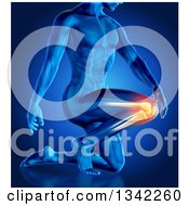 3d Anatomical Man Kneeling With Glowing Knee Pain On Blue