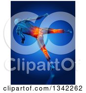 Clipart Of A 3d Blue Anatomical Man Kicking With Visible Muscles Skeleton Glowing Back And Knee Pain On Blue Royalty Free Illustration