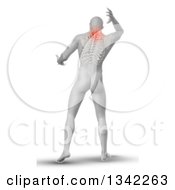 3d Rear View Of A Medical Anatomical Male Reaching Back With Visible Paintful Neck Vertebrae And Upper Skeleton On White