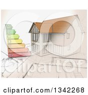 Poster, Art Print Of Partial Sketched Partial 3d Custom Home On Blueprints With An Energy Rating Chart