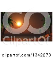 3d Deep Orange Tropical Sunset Framed By Palm Trees On An Island