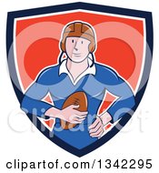 Retro Cartoon White Male Rugby Player Holding The Ball In A Blue White And Red Shield