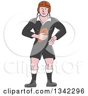 Clipart Of A Retro Cartoon White Male Rugby Player Holding The Ball Royalty Free Vector Illustration