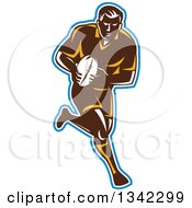 Poster, Art Print Of Retro Male Rugby Player Running With The Ball Outlined In Blue And White