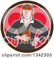 Retro Cartoon White Male Rugby Player Holding The Ball In A Brown White And Red Circle