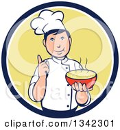 Poster, Art Print Of Retro Cartoon Male Chef Holding A Hot Bowl Of Soup In A Navy Blue White And Yellow Circle
