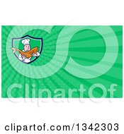 Clipart Of A Cartoon Caucasian Male Chef Holding A Fresh Trout Fish In A Shield And Green Rays Background Or Business Card Design Royalty Free Illustration
