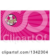 Poster, Art Print Of Cartoon Caucasian Male Chef Holding A Fresh Trout Fish In A Circle And Pink Rays Background Or Business Card Design