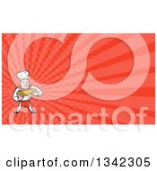 Poster, Art Print Of Cartoon Caucasian Male Chef Baker Holding A Loaf Of Bread And Red Rays Background Or Business Card Design