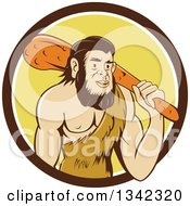 Poster, Art Print Of Cartoon Caveman Holding A Club Over His Shoulder In A Brown White And Yellow Circle