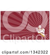 Clipart Of A Retro Male Plumber Holding A Monkey Wrench In Front Of A Tank And Maroon Rays Background Or Business Card Design Royalty Free Illustration
