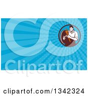 Clipart Of A Retro Male Plumber Holding A Monkey Wrench And Shield And Blue Rays Background Or Business Card Design Royalty Free Illustration