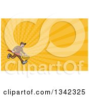 Poster, Art Print Of Cartoon White Male Plumber Running And Carrying A Monkey Wrench And Tool Box And Yellow Rays Background Or Business Card Design