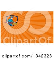 Clipart Of A Cartoon White Male Plumber Carrying A Monkey Wrench And Tool Box In A Shield And Orange Rays Background Or Business Card Design Royalty Free Illustration