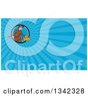 Poster, Art Print Of Cartoon White Male Plumber Carrying A Monkey Wrench And Tool Box In A Circle And Blue Rays Background Or Business Card Design