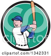 Poster, Art Print Of Cartoon White Male Baseball Player Athlete Batting In A Black White And Turquoise Circle