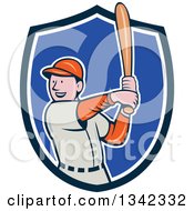 Poster, Art Print Of Cartoon White Male Baseball Player Athlete Batting In A Blue And White Shield