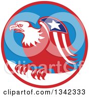 Poster, Art Print Of Retro Cartoon American Bald Eagle With A Patriotic Wing In A Red Blue And White Circle