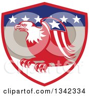 Poster, Art Print Of Retro Cartoon American Bald Eagle With A Patriotic Wing In A Red Tan Blue And White Shield