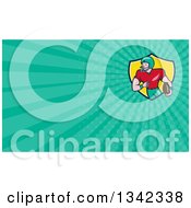 Clipart Of A Cartoon White Male Football Receiver And Turquoise Rays Background Or Business Card Design Royalty Free Illustration