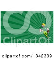 Poster, Art Print Of Cartoon White Male Football Receiver And Green Rays Background Or Business Card Design