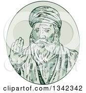 Retro Sketched Sikh Guru Nanak Ji Priest Waving In A Green Oval