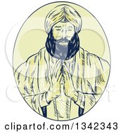 Poster, Art Print Of Retro Sketched Sikh Guru Priest Praying In A Yellow Oval