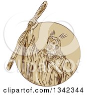 Retro Sketched Moses Raising His Staff Rod To Part The Red Sea Emerging From A Circle