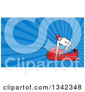 Cartoon White Male Carpet Layer Worker And Blue Rays Background Or Business Card Design