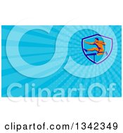 Clipart Of A Retro Orange Male Track And Field Athlete Running And Leaping Hurdles In A Shield And Blue Rays Background Or Business Card Design Royalty Free Illustration by patrimonio
