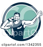 Poster, Art Print Of Retro Woodcut Male Shot Put Athlete Throwing In A Blue White And Turquoise Circle